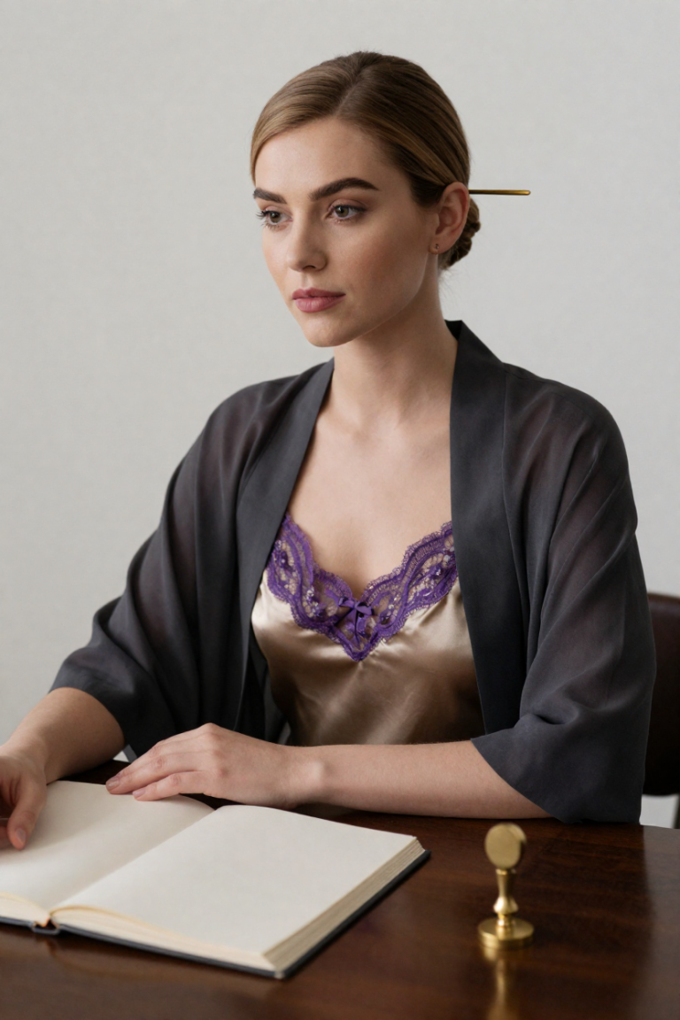 BioLinkMaster muse in gold satin at the bench with the open blank biography